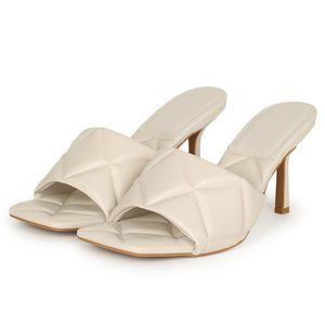 Bamboo Square Toe Padded Quilted Vegan Leather Open Toe Mule Heel - White